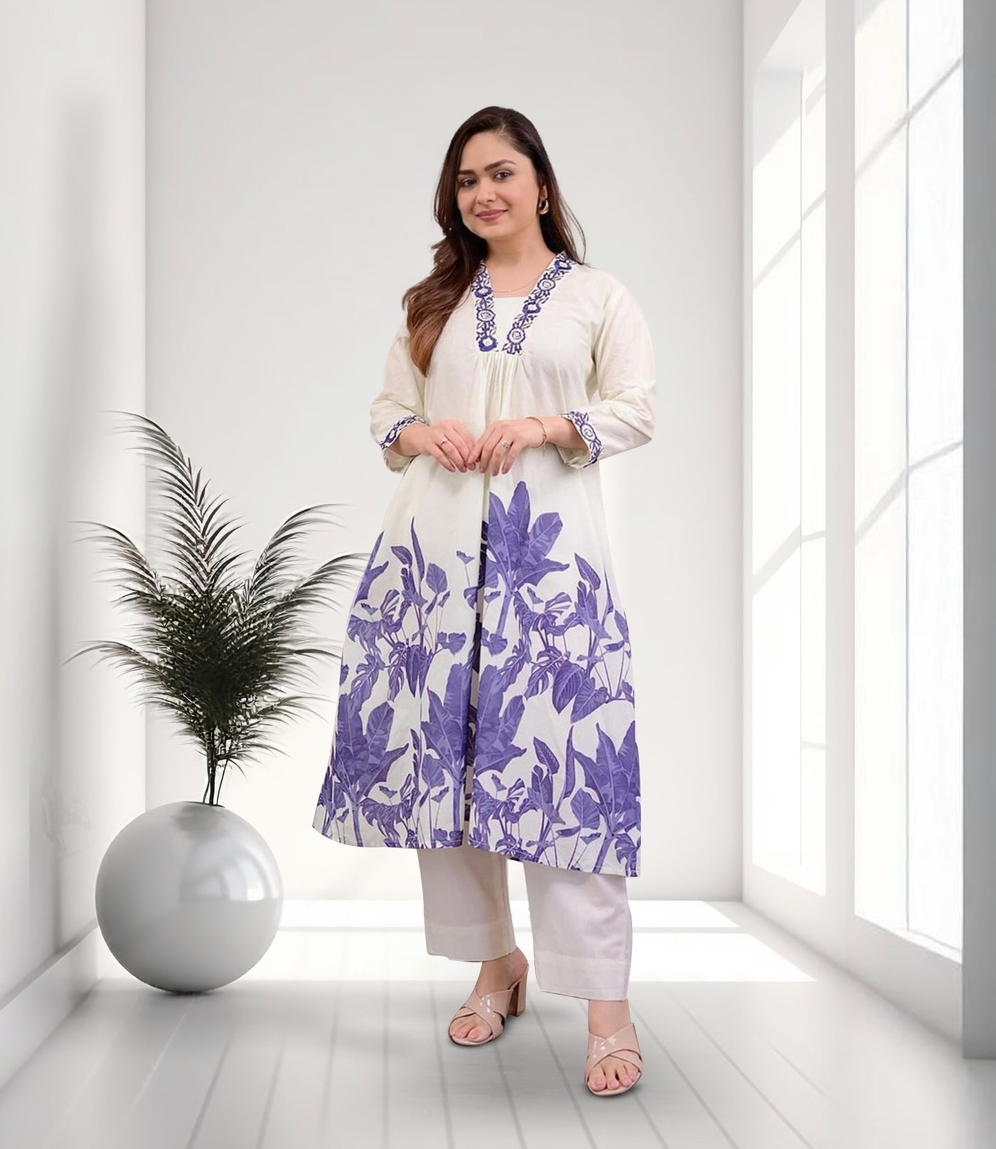 White and Purple Floral Embroidered Kurta Set