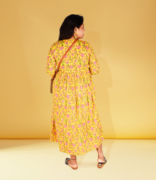 Yellow Cotton Flared Ethnic Dress