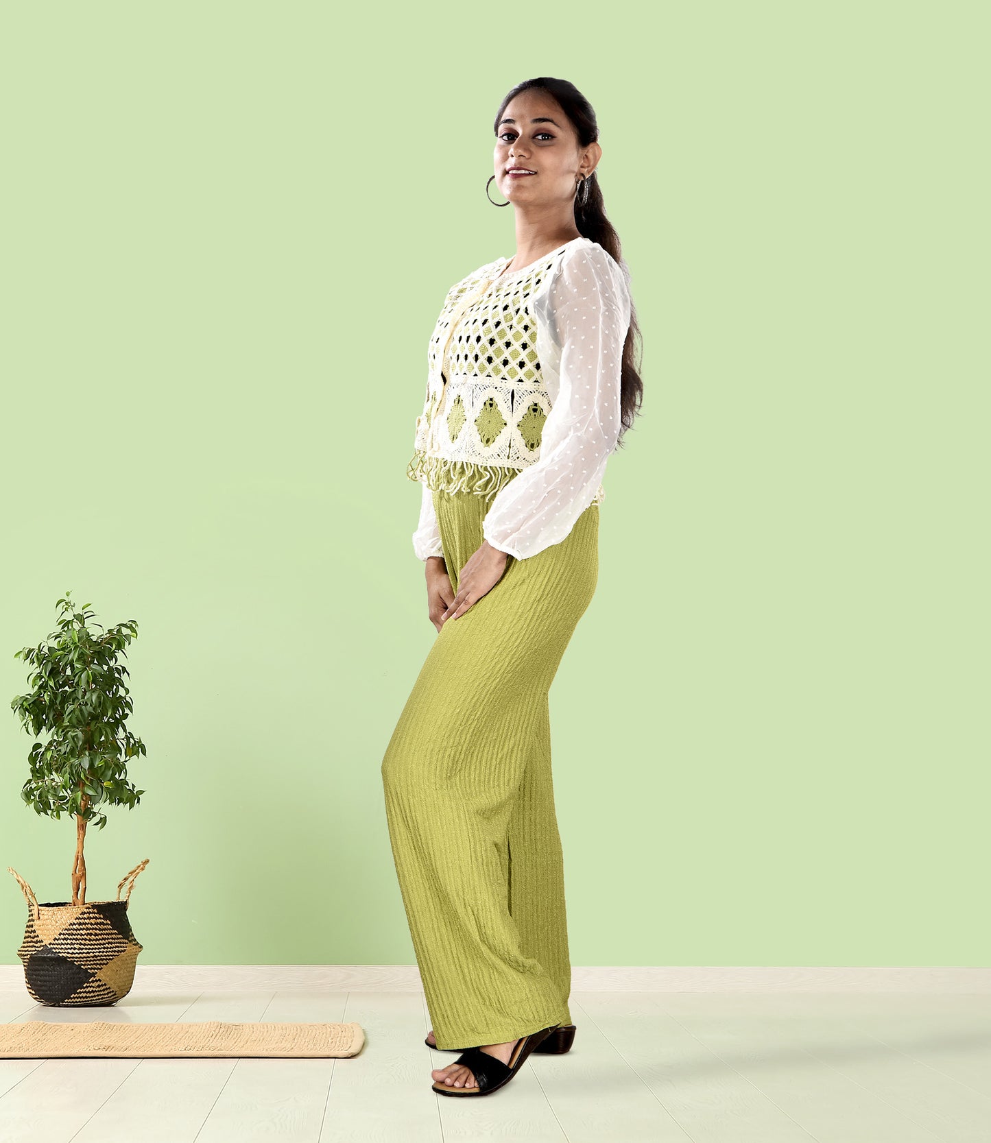 White and Green Knitted Crochet Crop Top with Matching Green Trousers