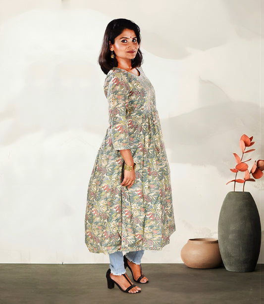 Multi Color Floral Print Long Side Slit Kurta