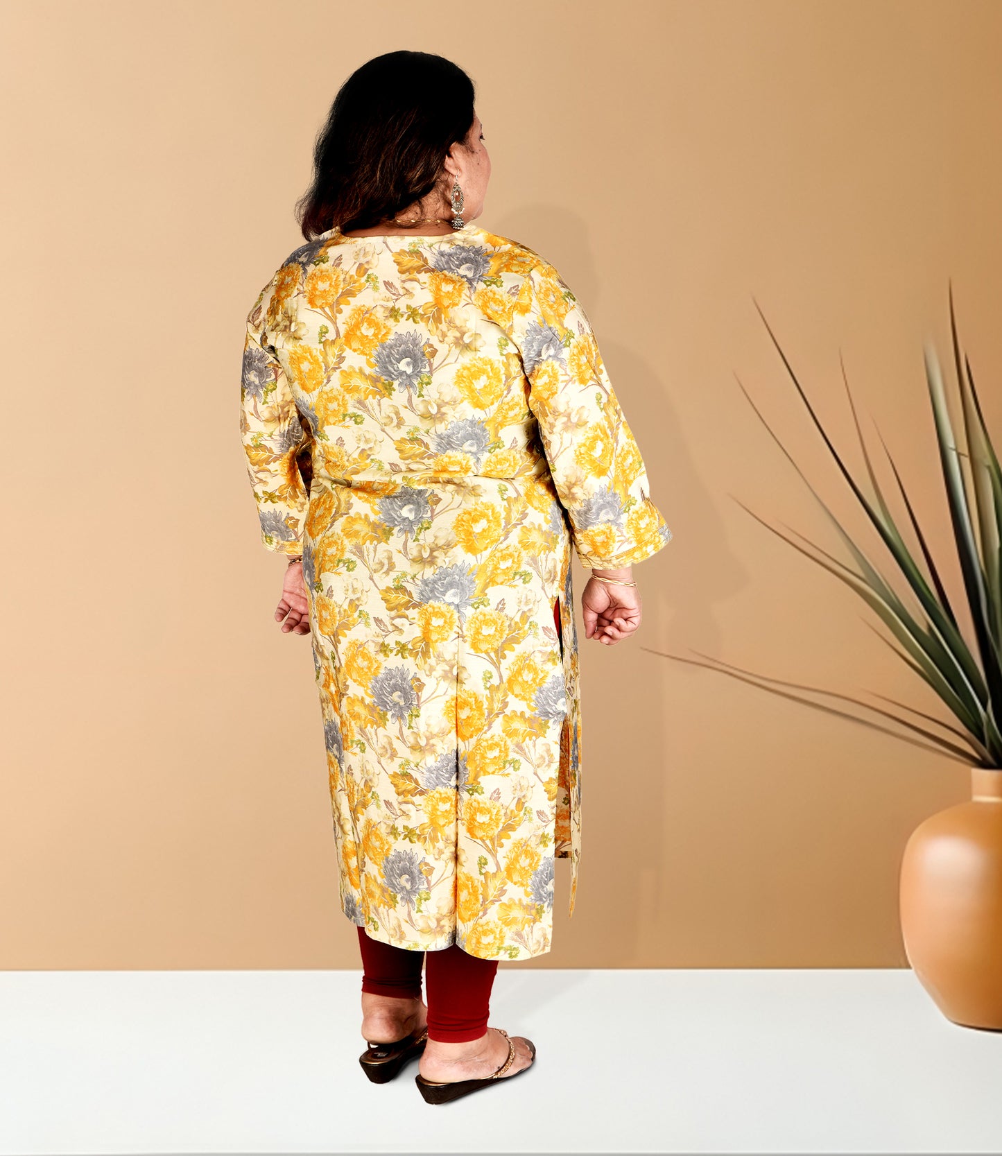 Yellow Floral Print Plus Size Muslin Kurti with Lemon Yellow Floral Print