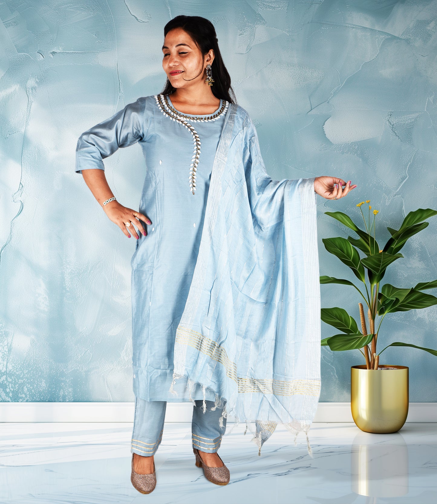 Blue Beads Sequence Work Kurta, Pants with Dupatta Set