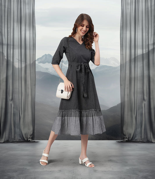 Black Cotton Striped Flared Western Dress