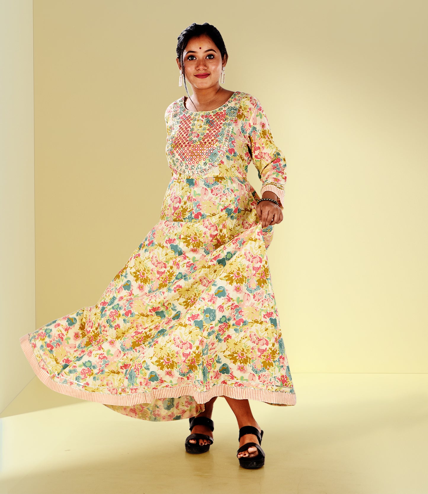 Multi Flared Sleeves Floral Print Anarkali Kurta with Mirror Work