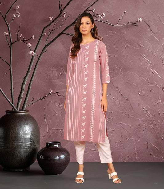 Pastel Pink Cotton Animal Print Straight Kurta