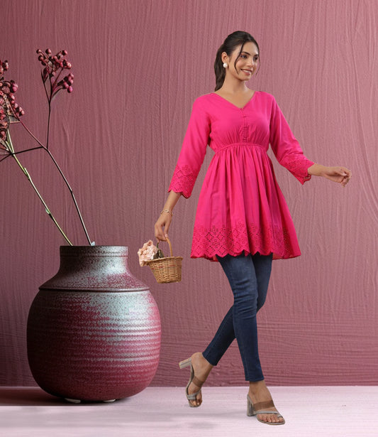 Pink Cotton Schiffli Fit and Flare Tunic