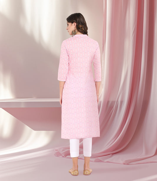 Pink Cotton Floral Print Straight Kurta