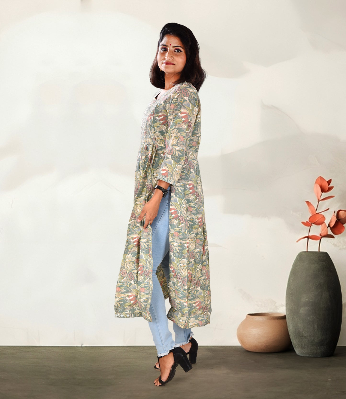 Multi Color Floral Print Long Side Slit Kurta