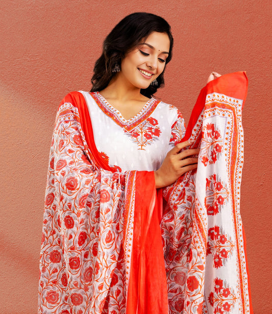 White and Red Floral Kurta Set