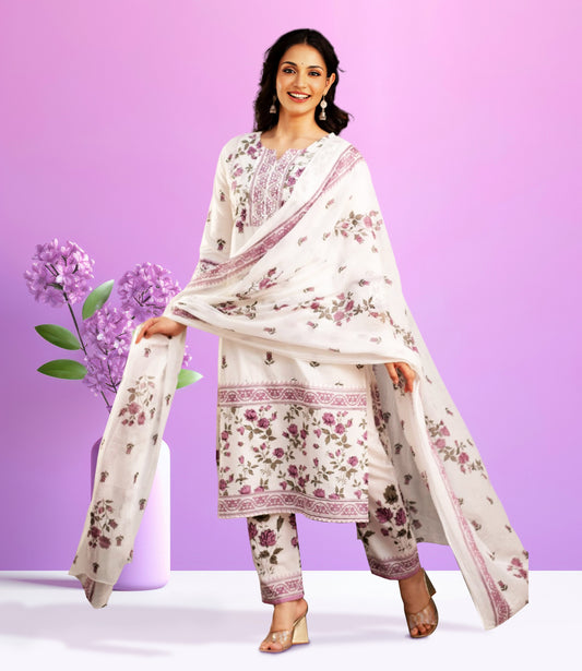 White Floral Print Kurta Set