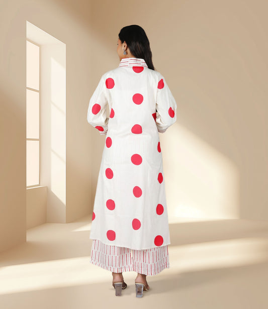 White Polka Dot Kurta Set with Pants