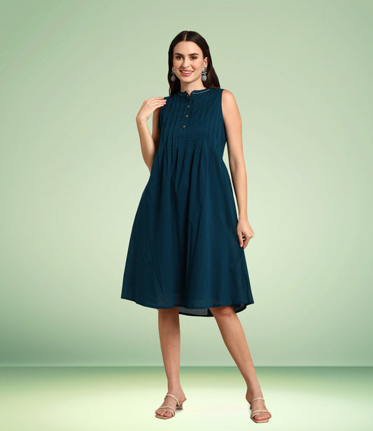 Teal Cotton Solid A-line Western Dress