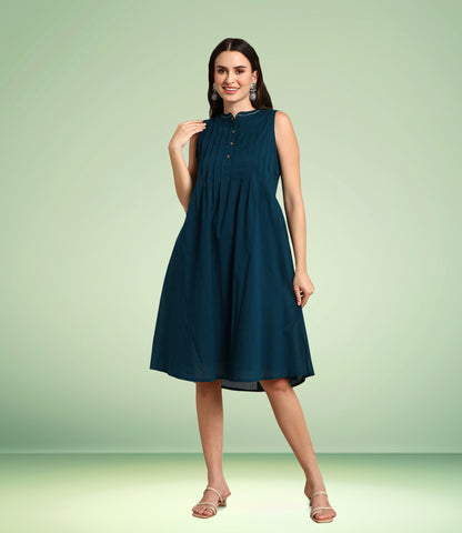 Teal Cotton Solid A-line Western Dress