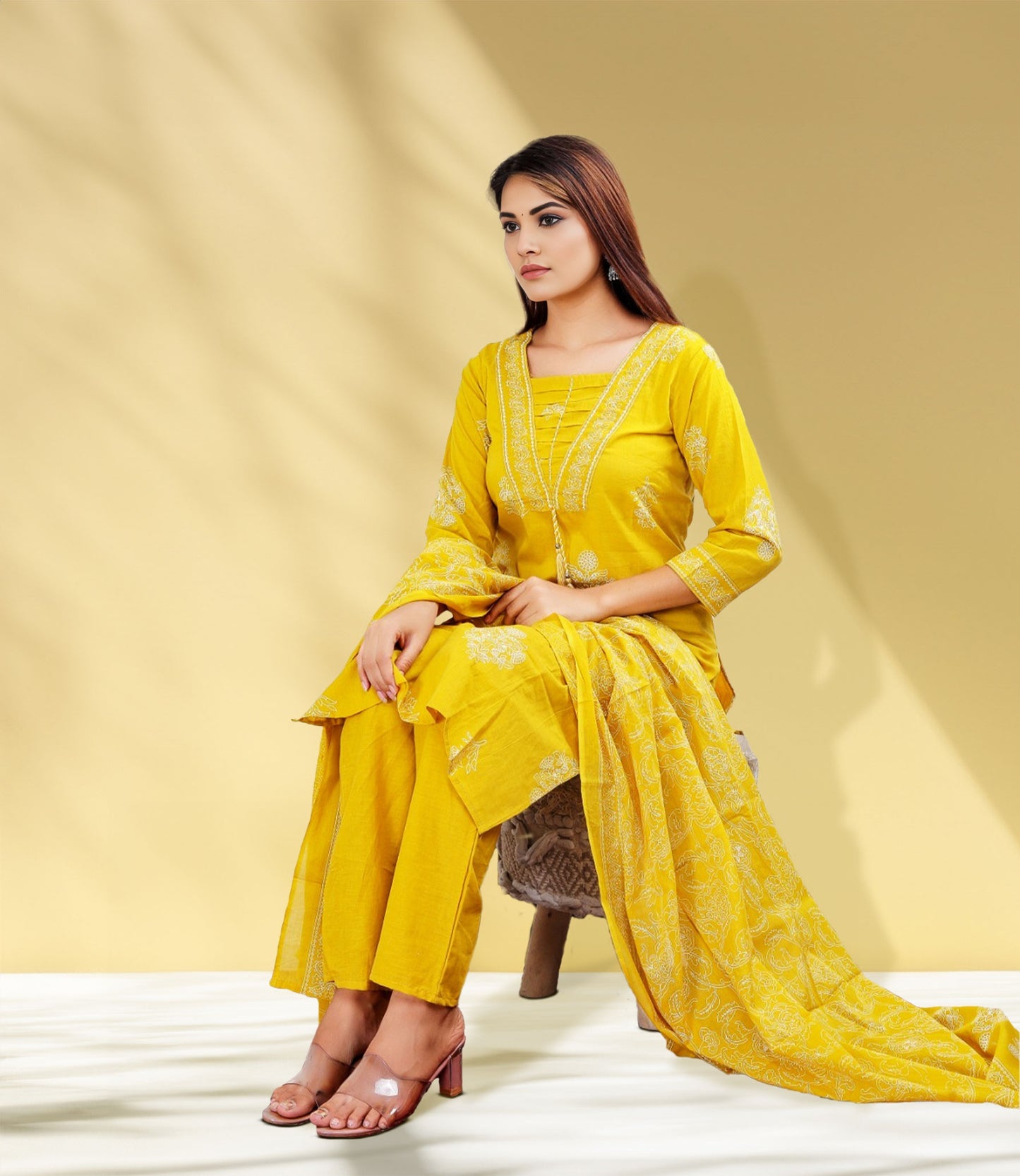 Sunshine Yellow Floral Cotton Kurta Set