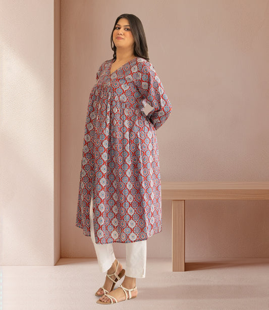 Plus Size Red Cotton Ethnic Motifs A-Line Kurta