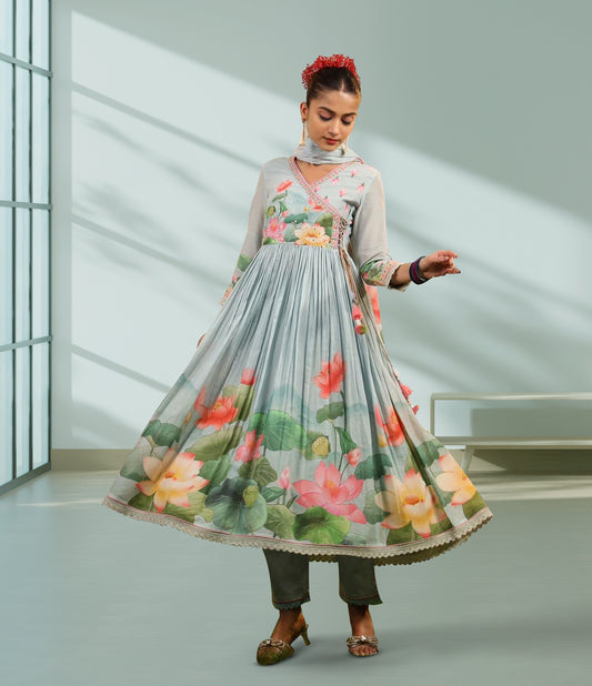 Grey Floral Print Anarkali Kurta with Dupatta