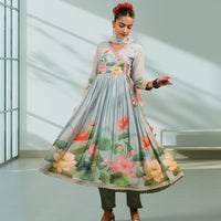 Grey Floral Print Anarkali Kurta with Dupatta