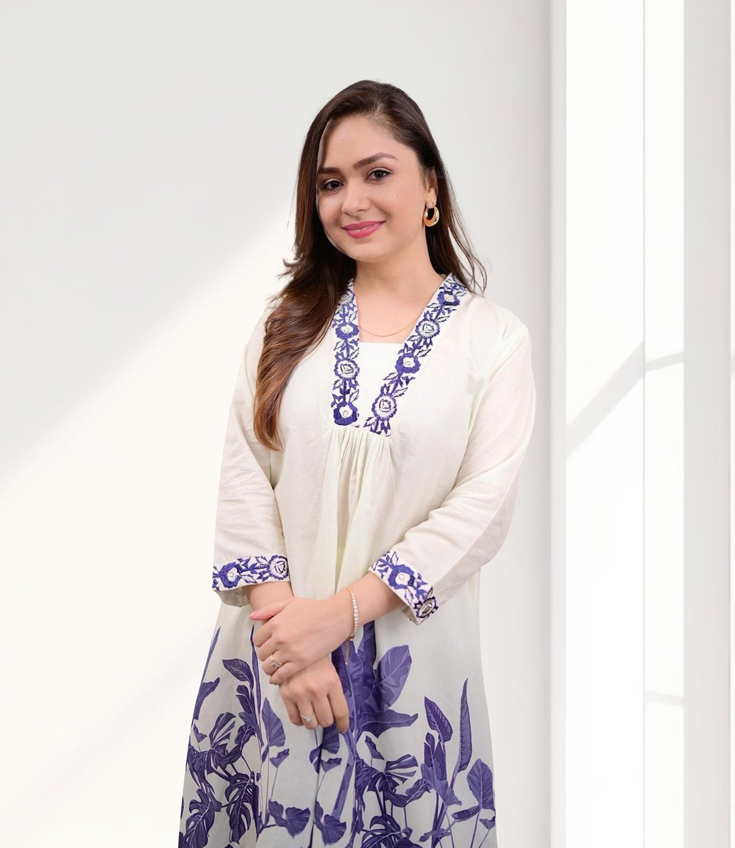 White and Purple Floral Embroidered Kurta Set