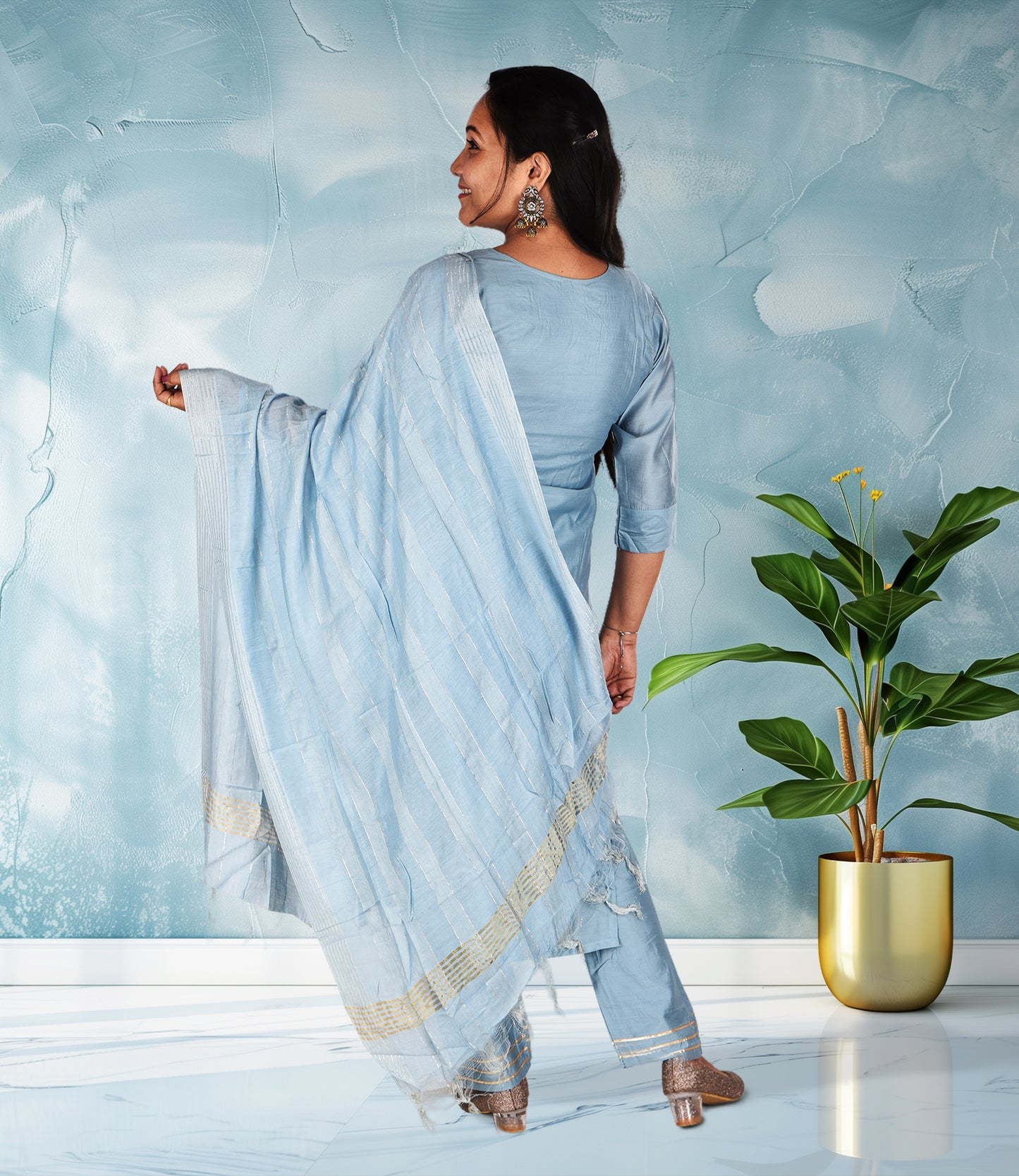 Blue Beads Sequence Work Kurta, Pants with Dupatta Set