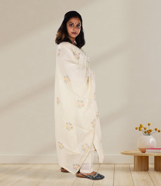 Off-White Kurta Set with Multi Color Embroidery Thread Work