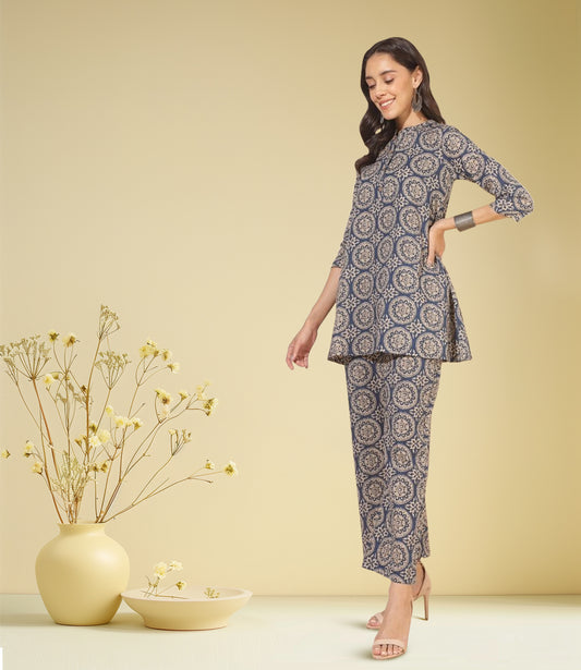 Blue Cotton Ethnic Motifs Tunic with Palazzo