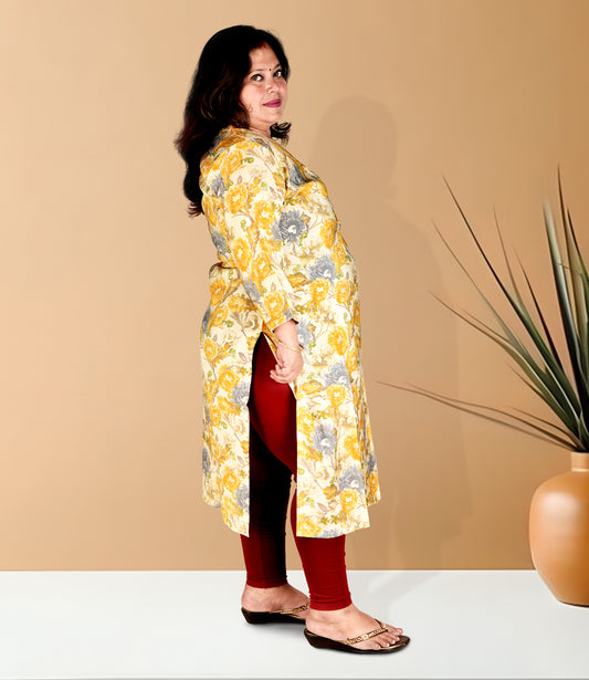 Yellow Floral Print Plus Size Muslin Kurti with Lemon Yellow Floral Print