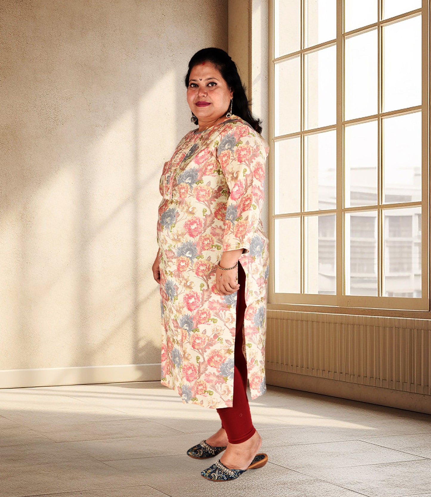 Multi Colored Floral Print Plus Size Muslin Cream Kurti