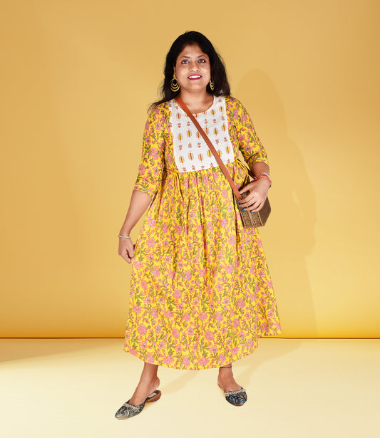 Yellow Cotton Flared Ethnic Dress