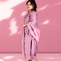 Violet Silk Embroidery Kurta with Trousers and Dupatta