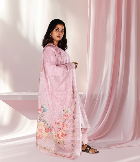 Pink Floral Print Embroidery Work Kurta, Pants with Dupatta Set