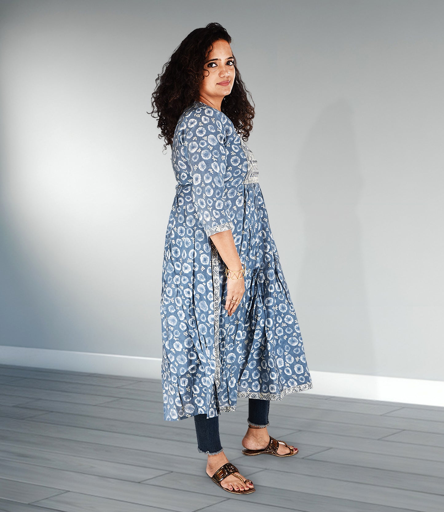 Blue Self Print Viscose Rayon Embroidered Kurta