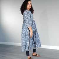 Blue Self Print Viscose Rayon Embroidered Kurta