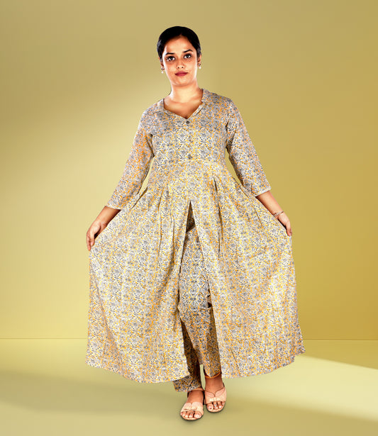 Cream Multi-Colored Floral Print Cotton Kurta Set