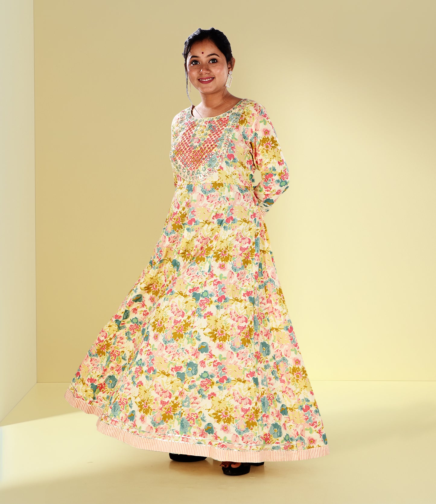 Multi Flared Sleeves Floral Print Anarkali Kurta with Mirror Work