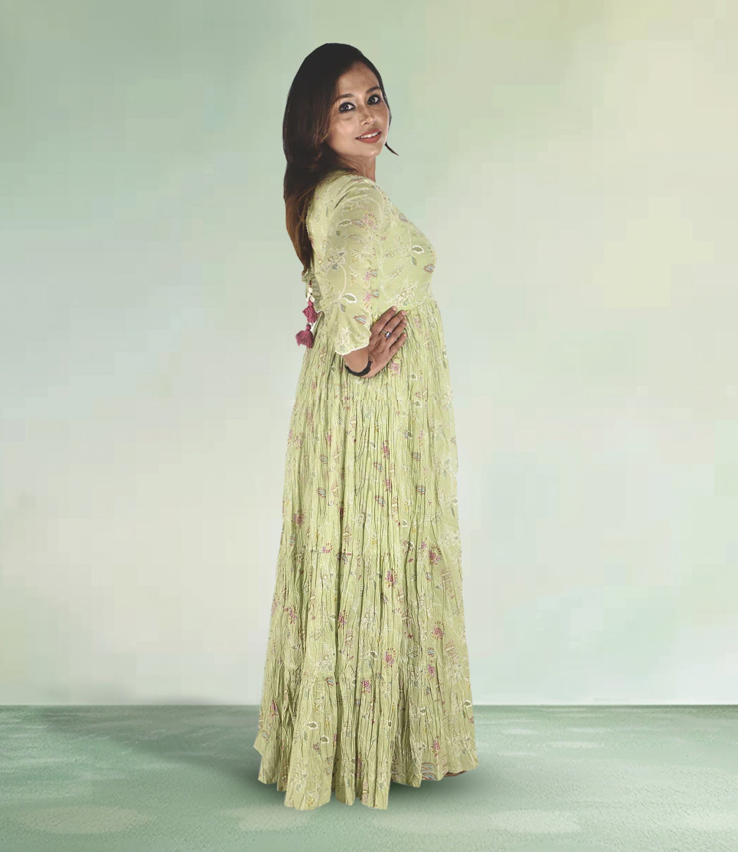 Green Cotton Maxi Flared Gown