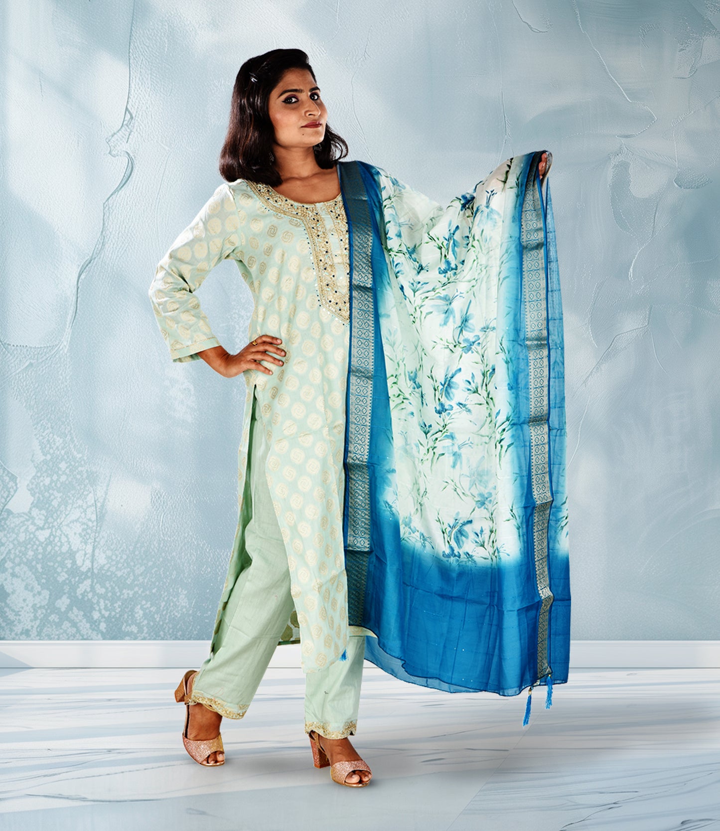 Sea Green Chanderi Silk Embriodery Kurta with Trousers and Dupatta