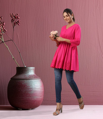 Pink Cotton Schiffli Fit and Flare Tunic