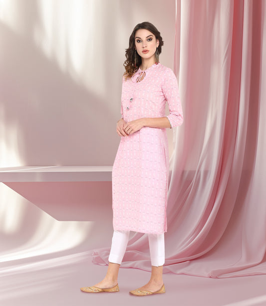 Pink Cotton Floral Print Straight Kurta