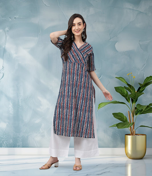 Navy Blue Cotton Geometric Straight Kurta