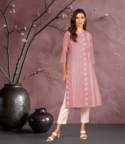 Pastel Pink Cotton Animal Print Straight Kurta