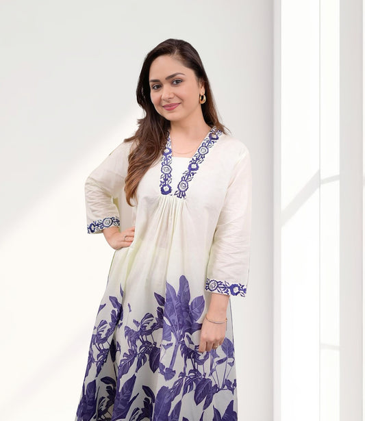 White and Purple Floral Embroidered Kurta Set