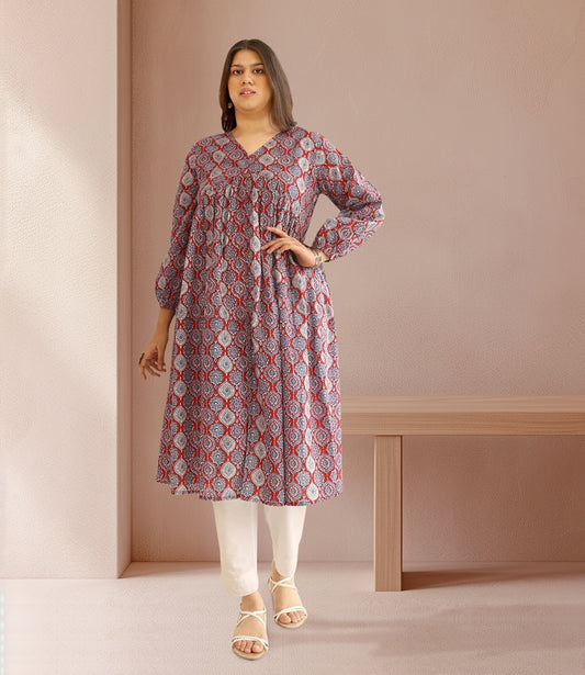 Plus Size Red Cotton Ethnic Motifs A-Line Kurta