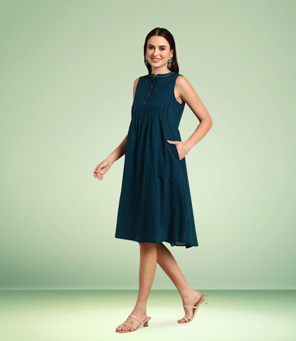 Teal Cotton Solid A-line Western Dress