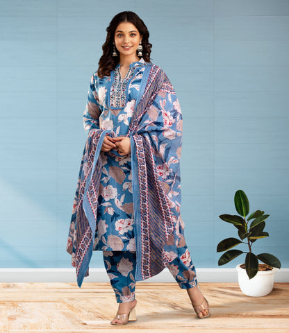 Blue and Beige Floral Print Salwar Suit