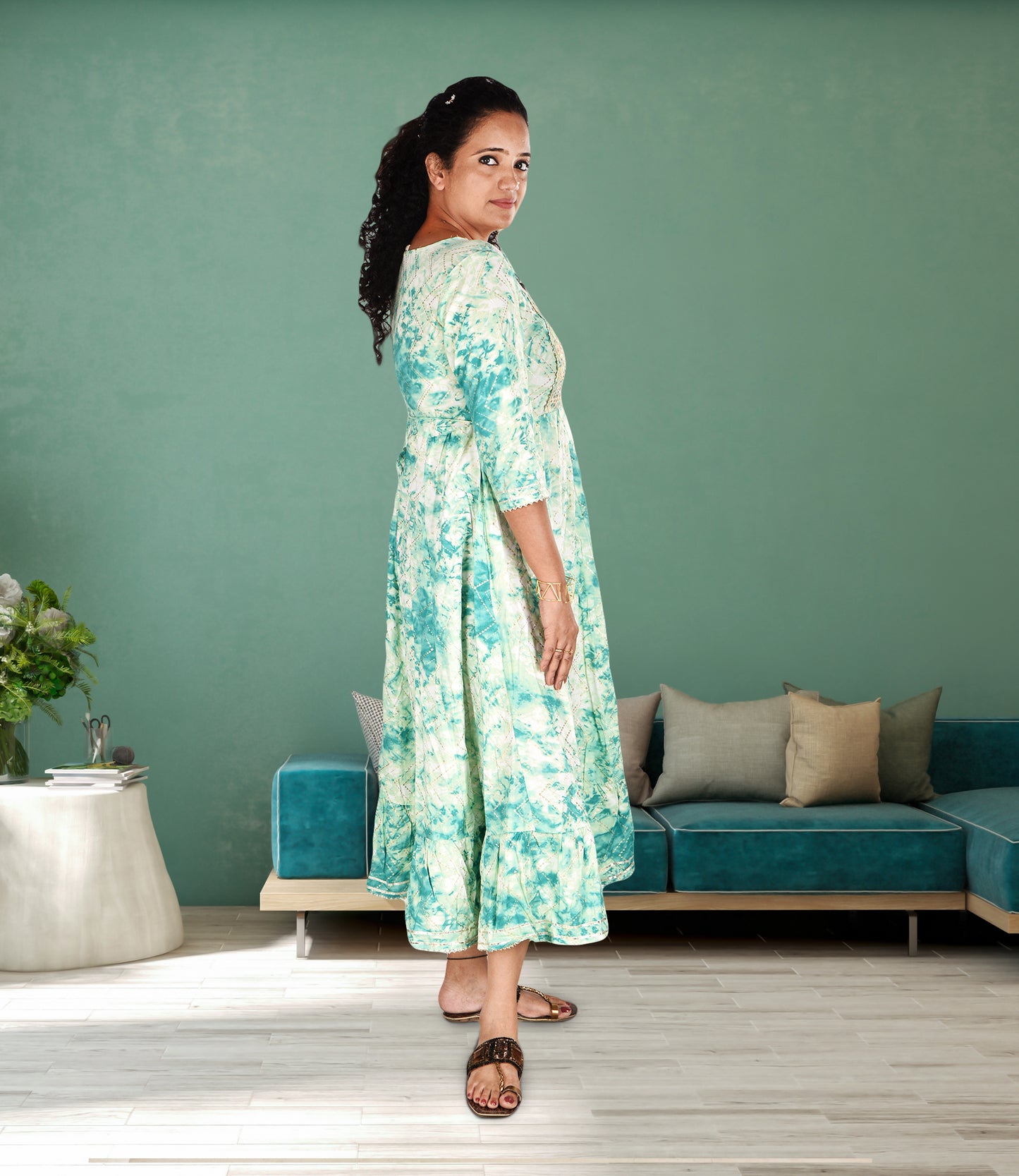 Green Flared Sleeves Floral Print Mirror Work Anarkali Kurta