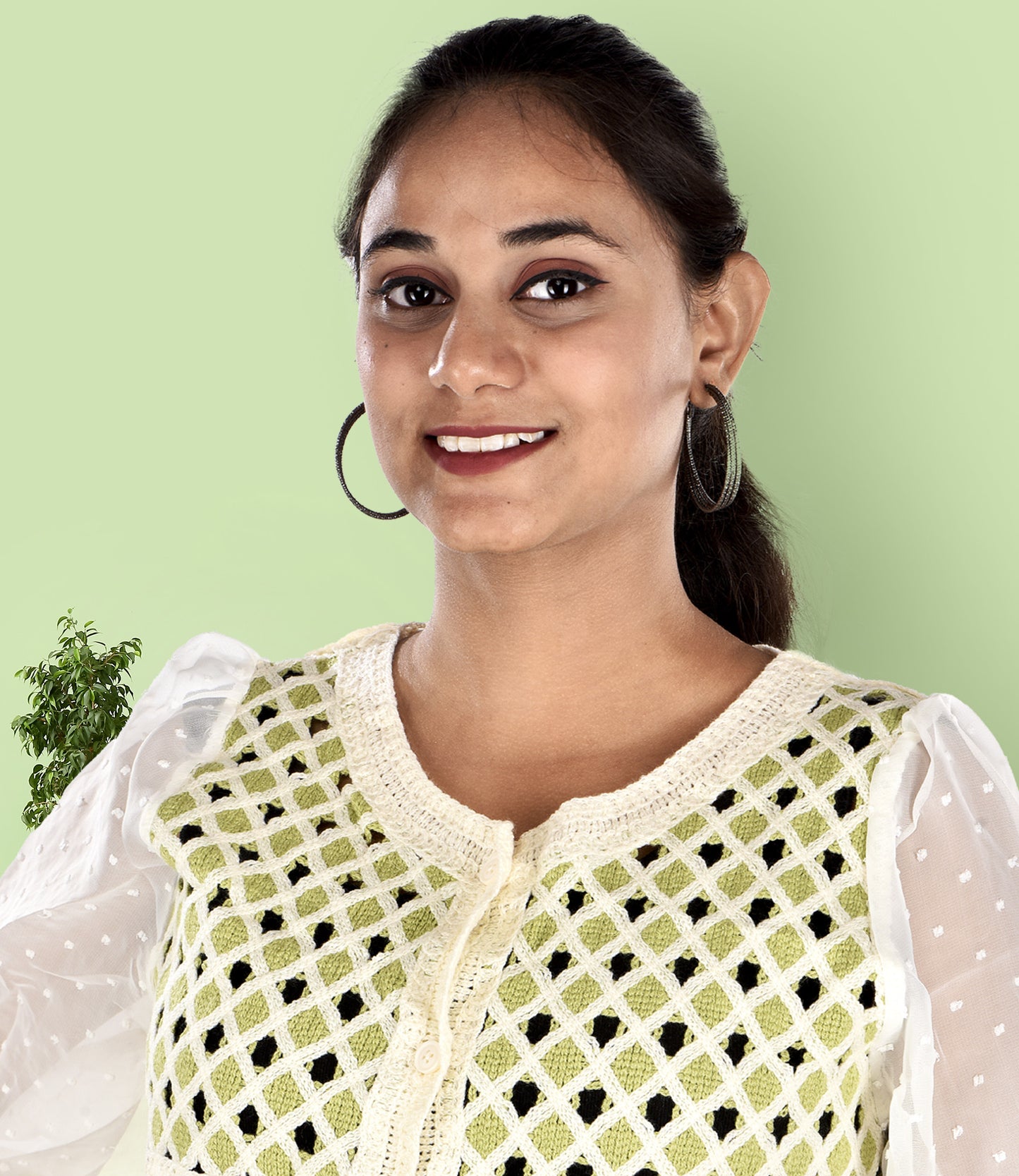 White and Green Knitted Crochet Crop Top with Matching Green Trousers