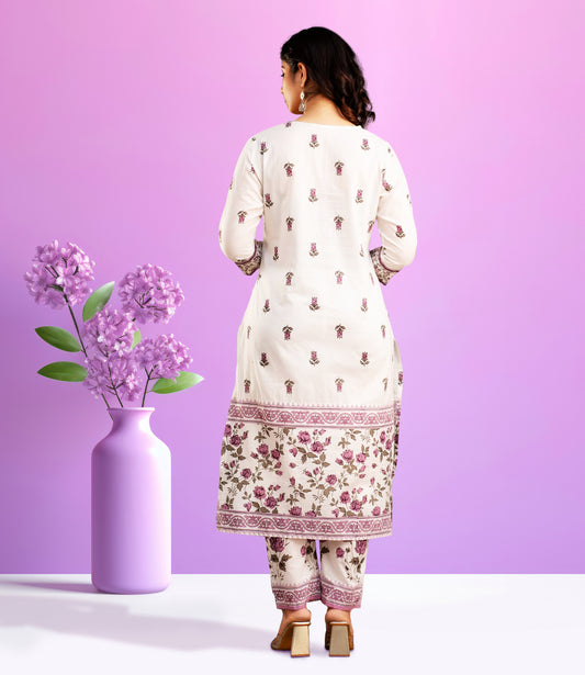 White Floral Print Kurta Set