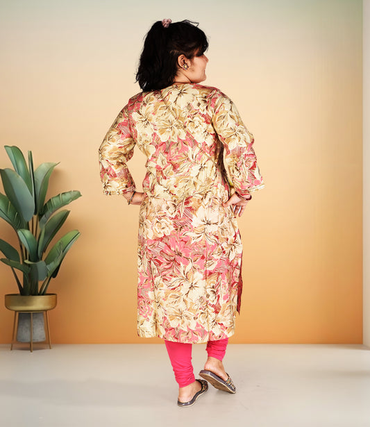 Multi Colored Floral Print Plus Size Muslin Kurti with Lemon Yellow Accents