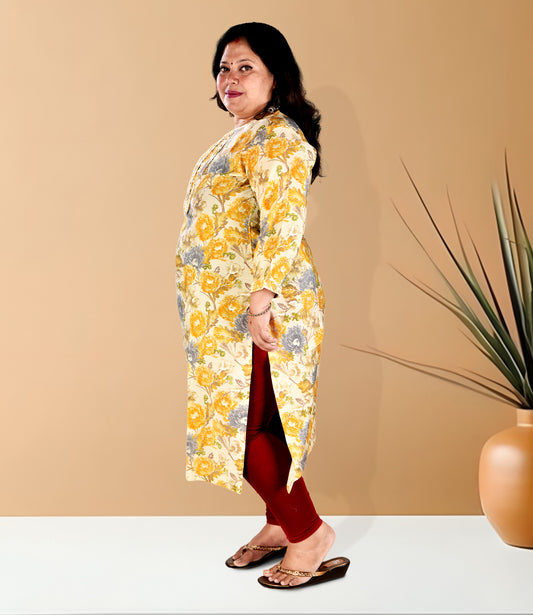 Yellow Floral Print Plus Size Muslin Kurti with Lemon Yellow Floral Print