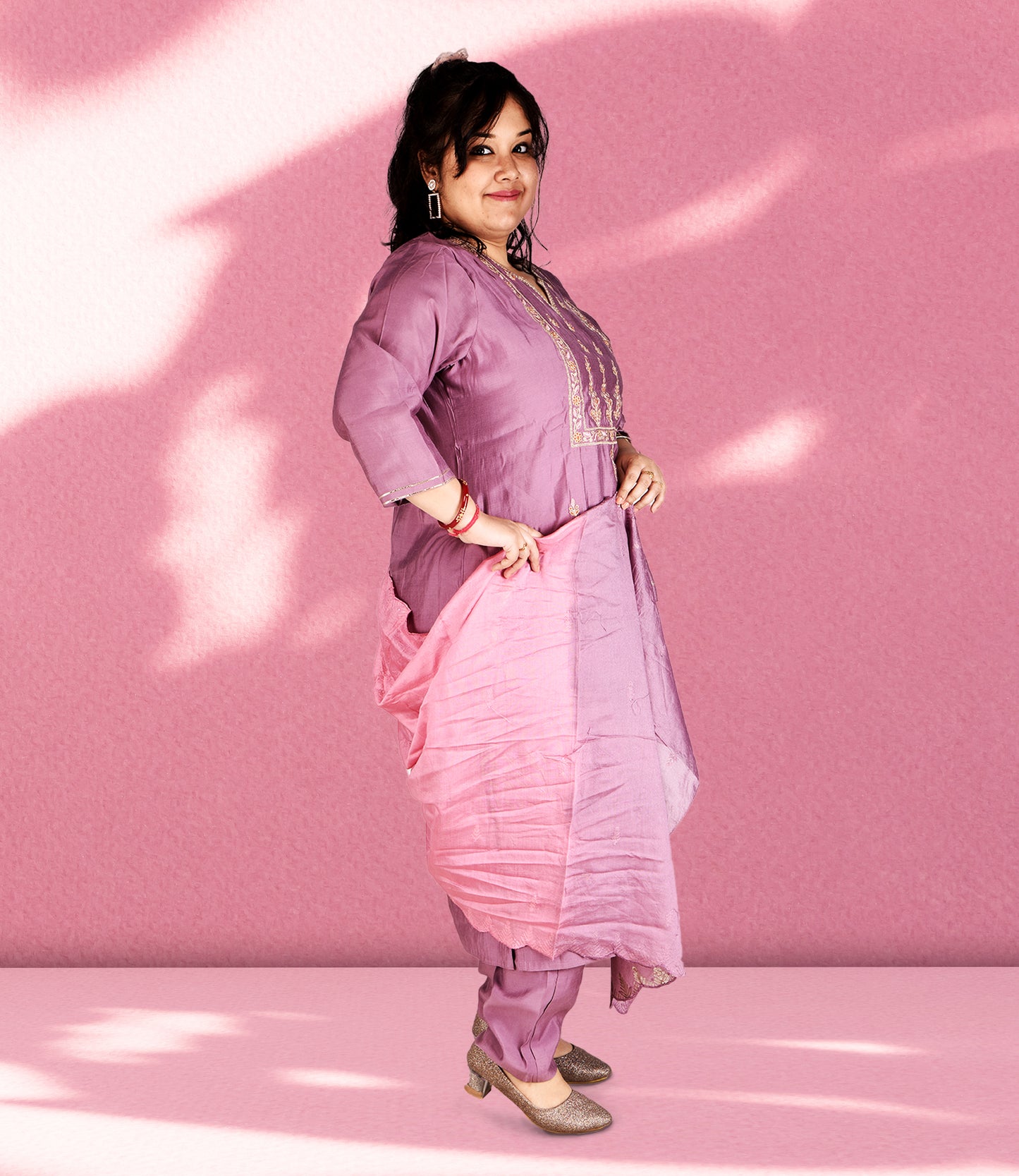 Violet Silk Embroidery Kurta with Trousers and Dupatta